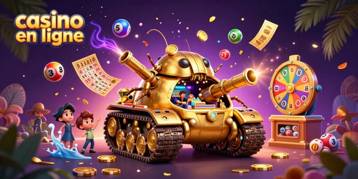 Jouez au casino en ligne dans une scène dynamique, révélant un casino miniature et des éléments festifs.