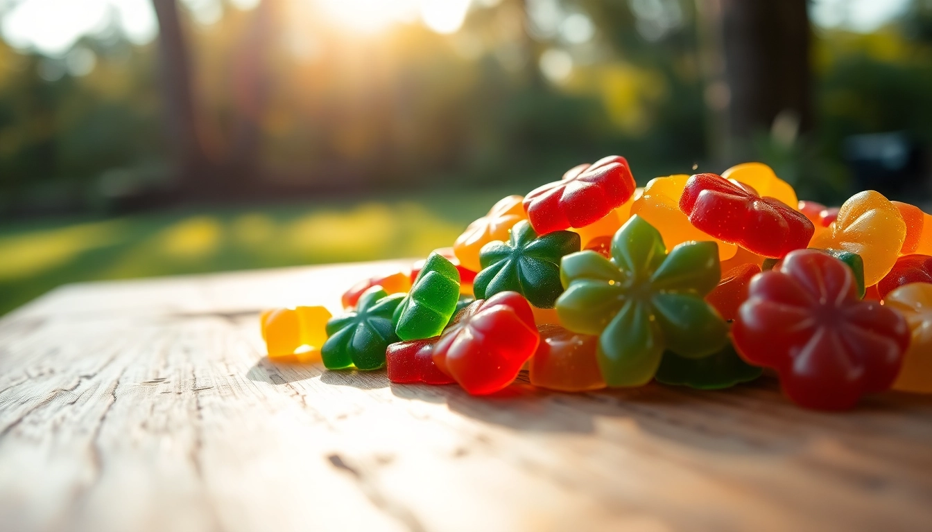 Discover vibrant Weed Gummies glistening on a wooden table, inviting indulgence and relaxation.