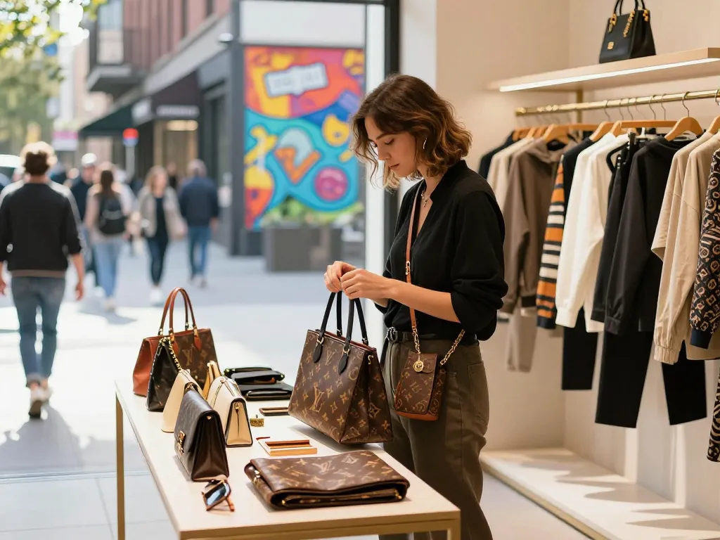 Stylish individual exploring 레플리카 fashion items in a trendy urban boutique.