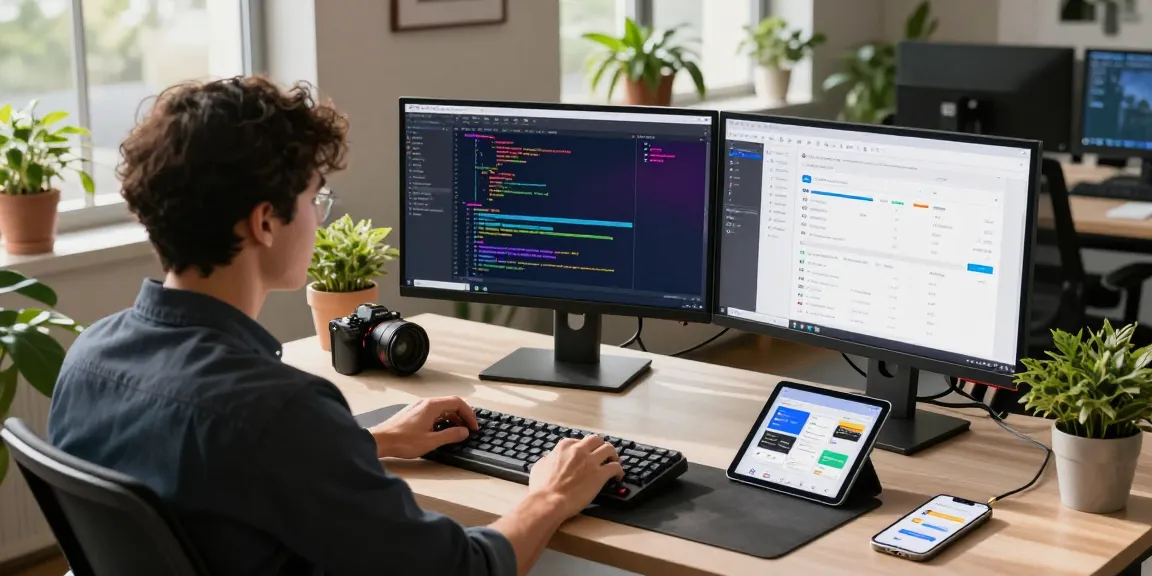 Dynamic software development workspace illustrating telegram中文版下载 in action, featuring developer with dual monitors and innovative tools.