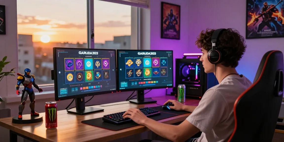 Engaging scene of a player using GARUDA303 login on dual screens, gaming items around, cozy room atmosphere.