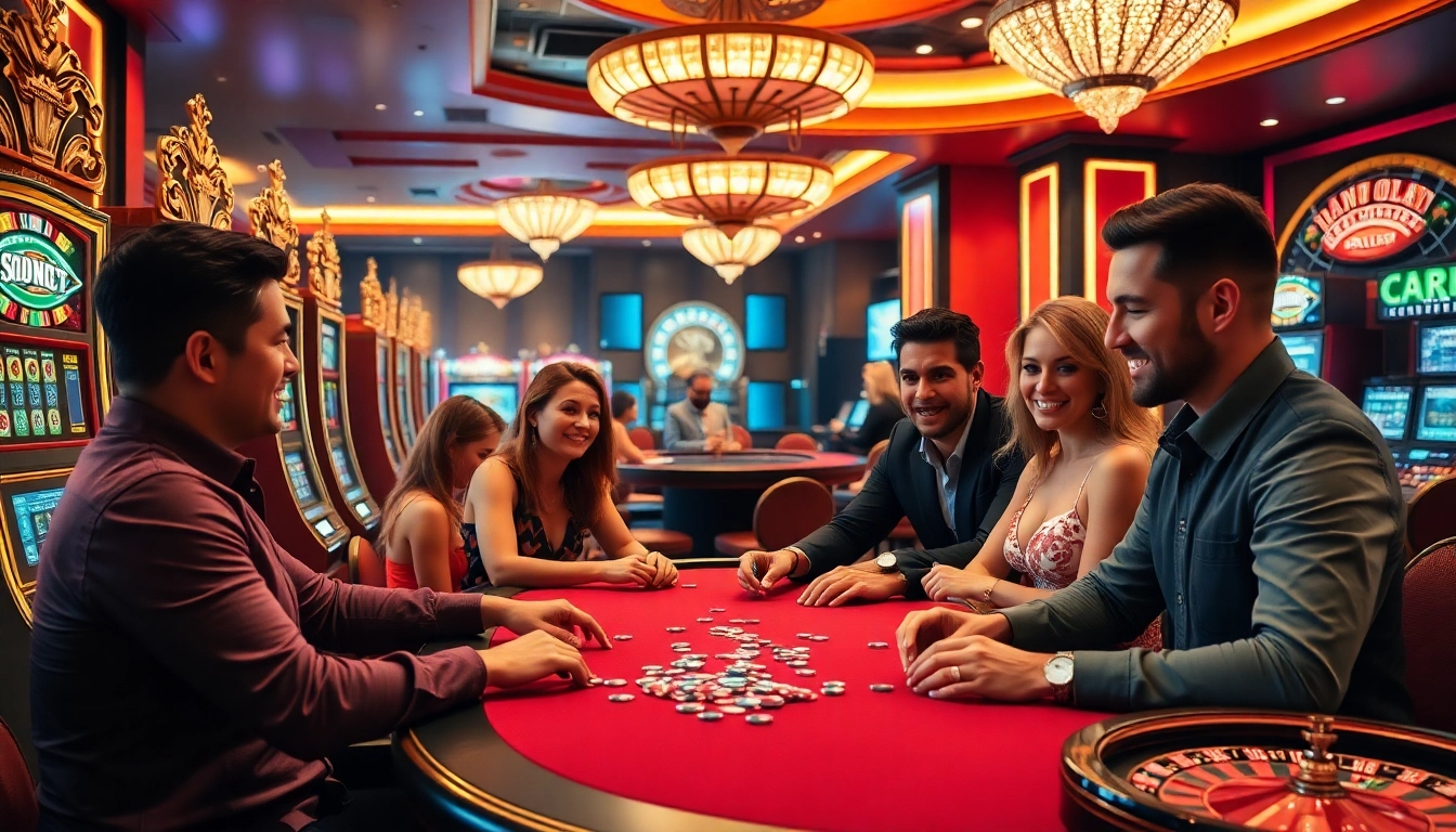 Engage with demo slot pragmatic games in a vibrant, luxurious casino atmosphere with players at a slot machine.