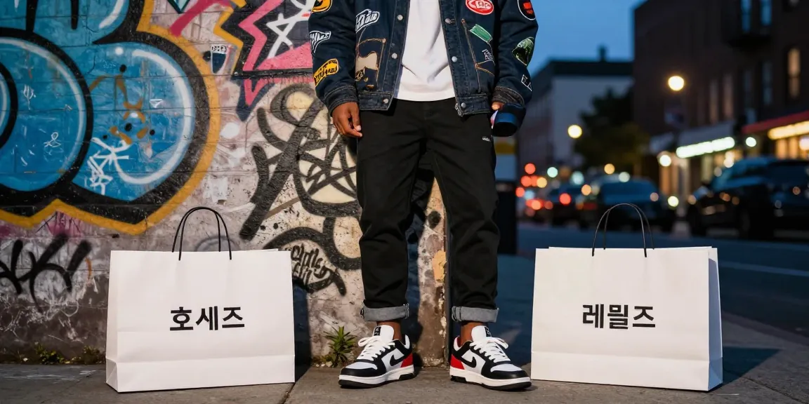Stylish person in 레플리카 outfit against urban graffiti backdrop.