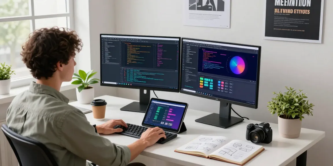 Showcasing a vibrant workspace for developers at snipaste官网, featuring dual monitors, coding interfaces, and a creative environment.