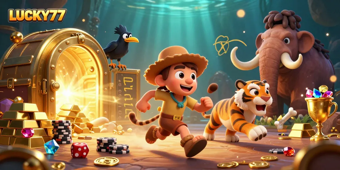 Join the luck at LUCKY77 with a vibrant, prehistoric casino scene featuring caveman characters and treasures.