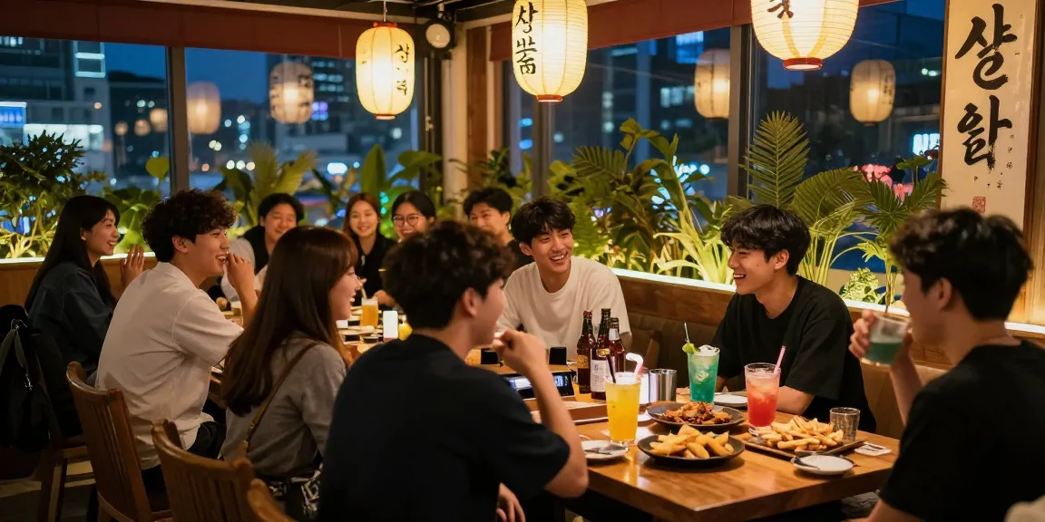 Exciting nightlife at 상봉동 한국관나이트 lounge with friends enjoying drinks and traditional decor.
