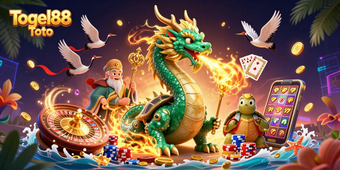 Play exciting games on Togel88 Toto with dynamic visuals of dragons, turtles, and lucky cranes.