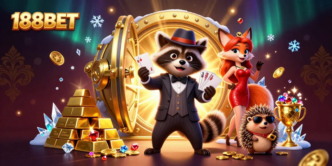 Experience the excitement of 188BET with a raccoon holding a royal flush alongside vibrant casino treasures.