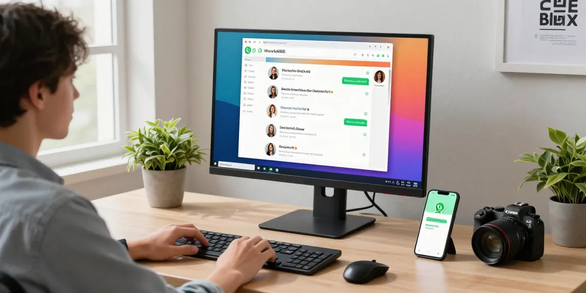 Using WhatsApp電腦版 in a modern workspace with a vibrant chat interface and ergonomic setup.