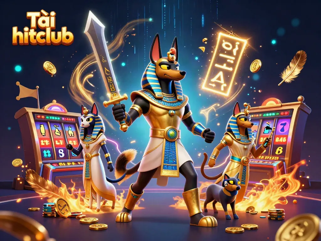 Experience Tải hitclub in this vibrant 3D casino scene with Anubis and Bastet amidst gaming chaos.