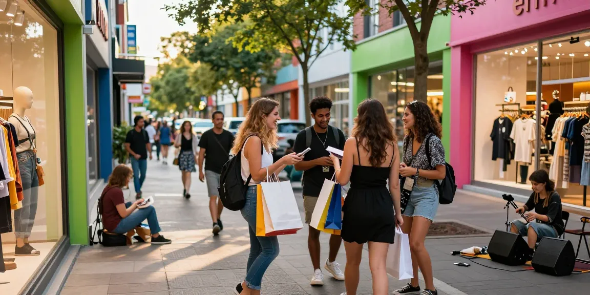 A lively urban lifestyle shopping scene with friends exploring stores and enjoying the atmosphere at https://forumup.org/shop/search.php?ca_id=&addr1=&addr2=&addr3=&schKeyword= during late afternoon.