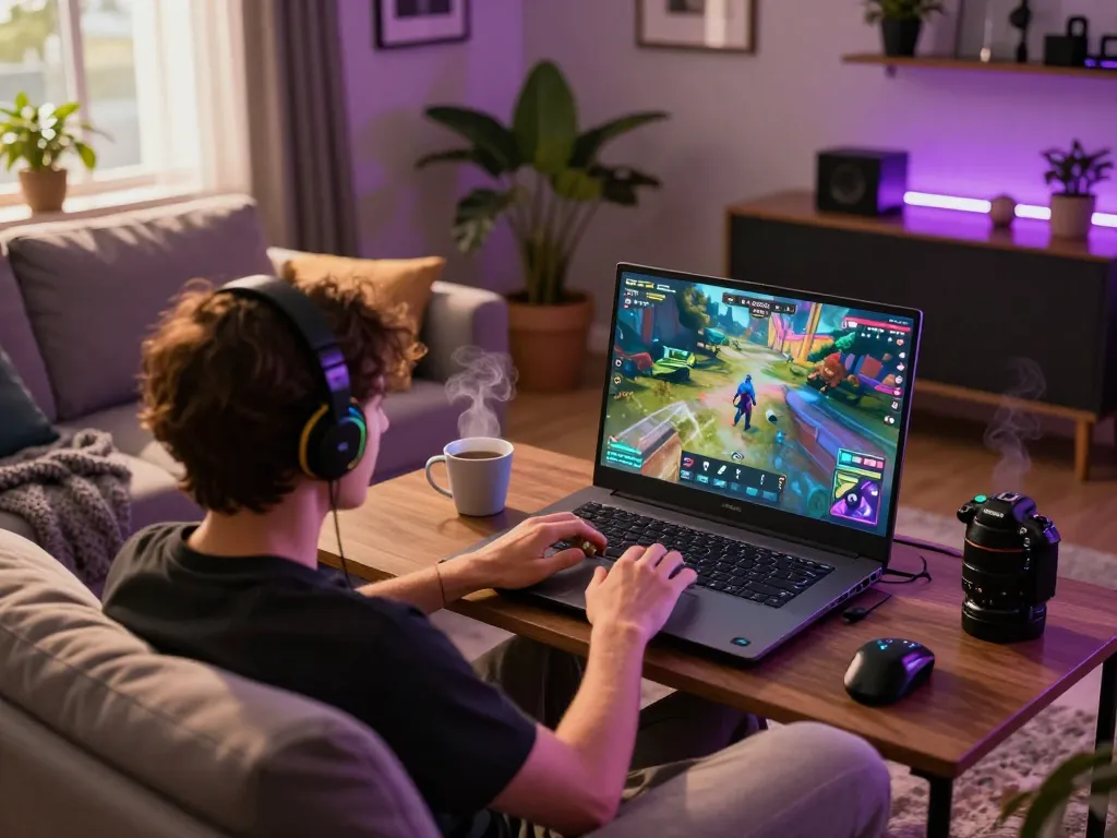 Engaged player enjoying nsfw games on laptop in cozy home setting with vibrant ambient lighting.