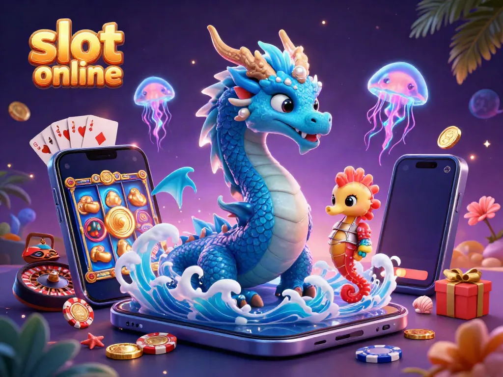 Engage with immersive slot online experiences as illustrated by a majestic dragon and coral knight among vibrant casino elements.