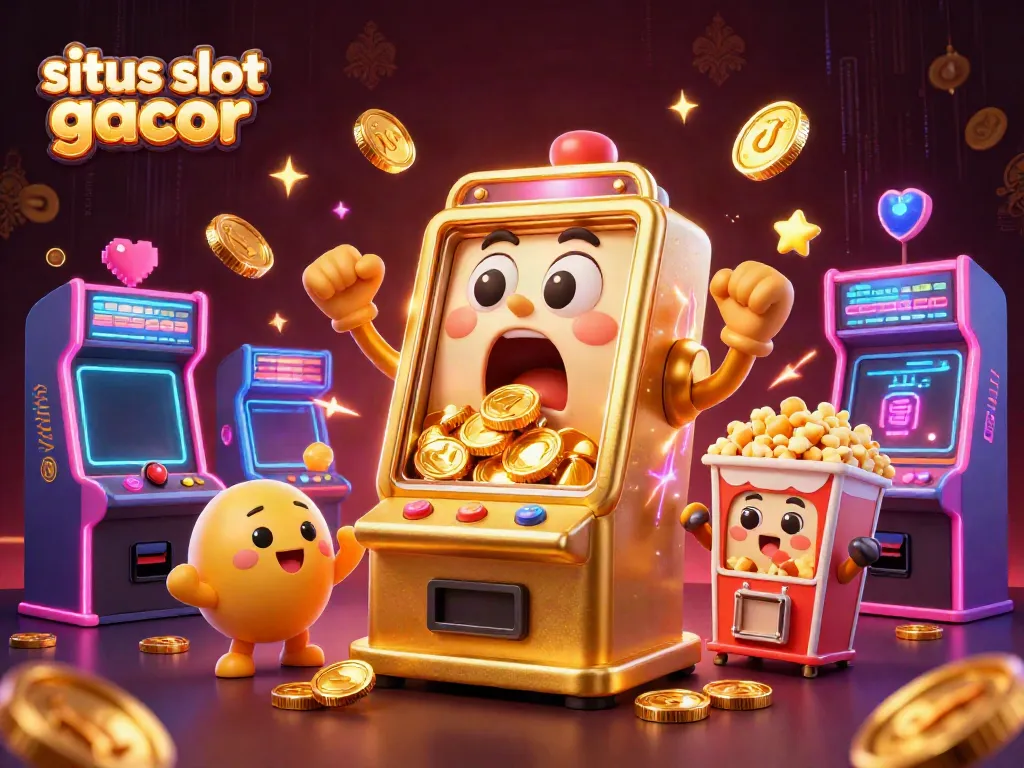 Slot gacor yang menggetarkan saat jackpot, dikelilingi mesin permainan dan energi cerah.