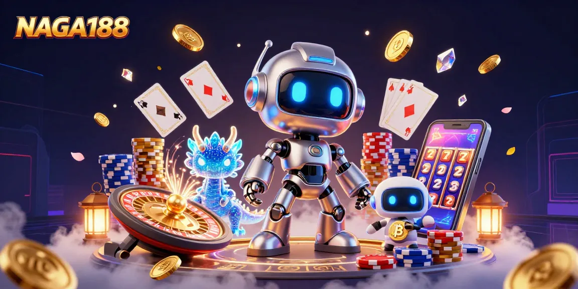 NAGA188 merayakan kemenangan dengan robot cyberpunk yang mengagumkan dan simbol bitcoin di kasino virtual