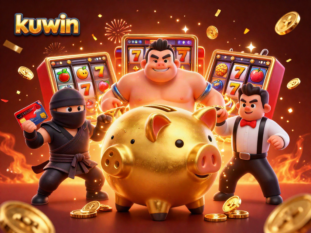 Kuwin slots in action as a golden piggy bank sumo wrestler bursts coins, energizing the casino atmosphere.