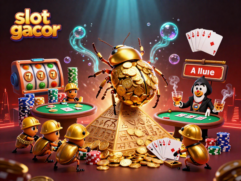 Experience slot gacor excitement with vibrant golden beetles rolling jackpot coins in an energetic casino scene.