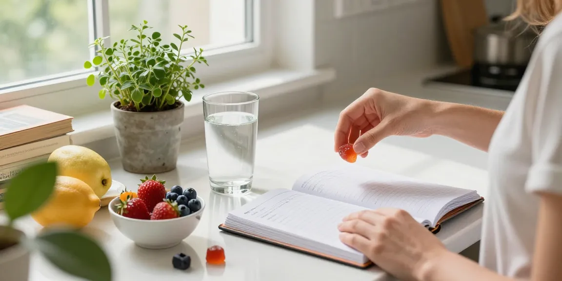 uk edibles preparation scene with CBD gummies, fresh fruits, and wellness journal in a bright kitchen