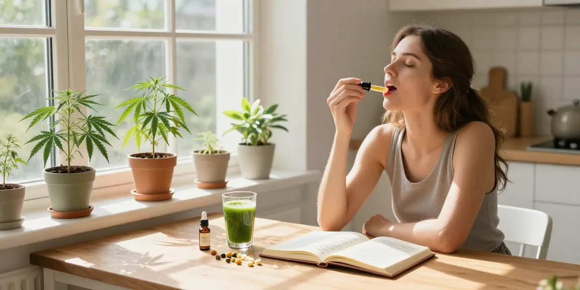 Quality cannabis delivery depicted with a woman taking CBD oil, surrounded by wellness products, in a bright serene kitchen.