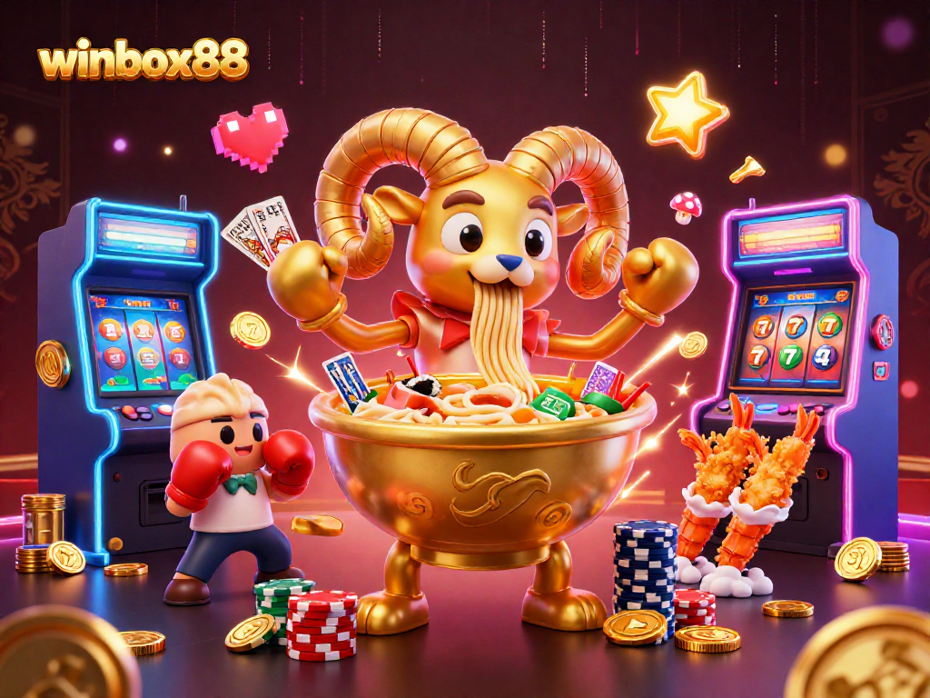 Winbox88 features a vibrant 3D casino illustration showcasing a golden ramen bowl character and colorful game elements.