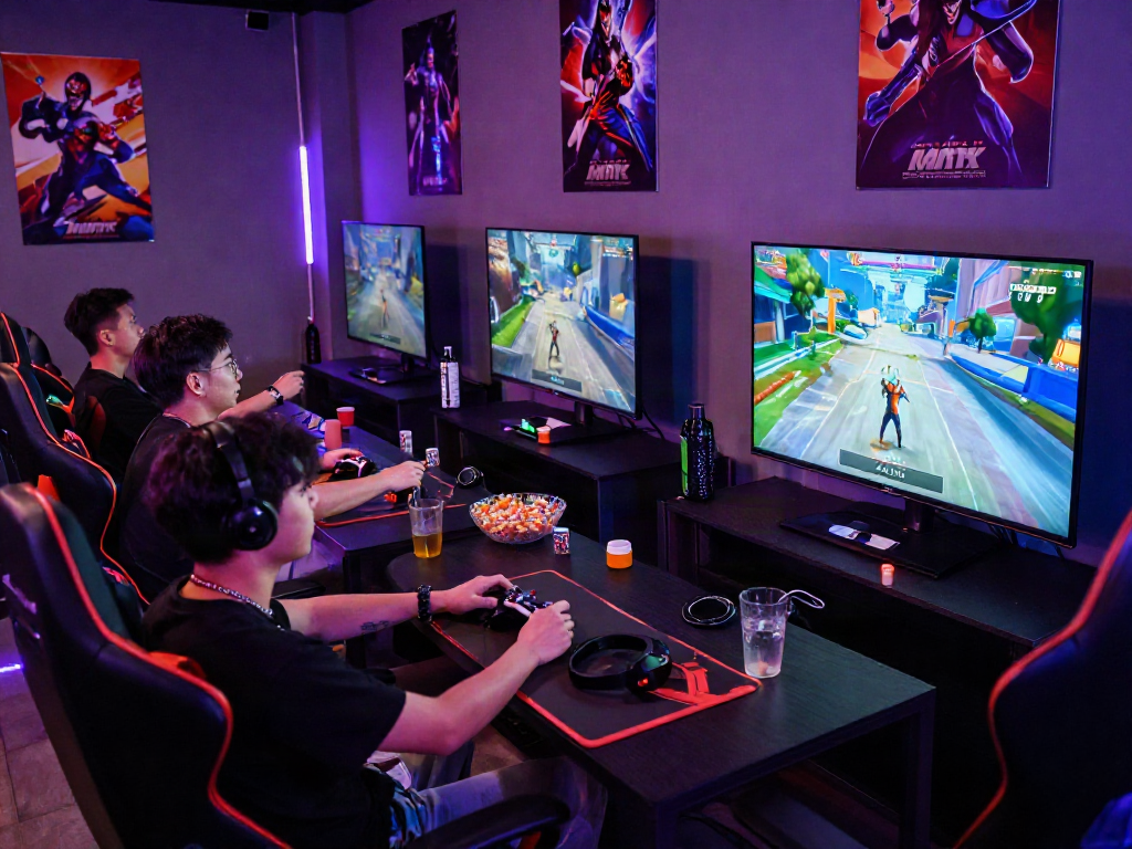 Engaged gamers using rokok88 login in a vibrant gaming lounge atmosphere