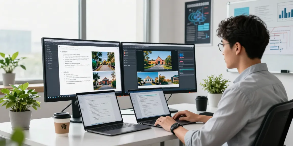 AI image detector results analysis on dual monitors in a modern workspace