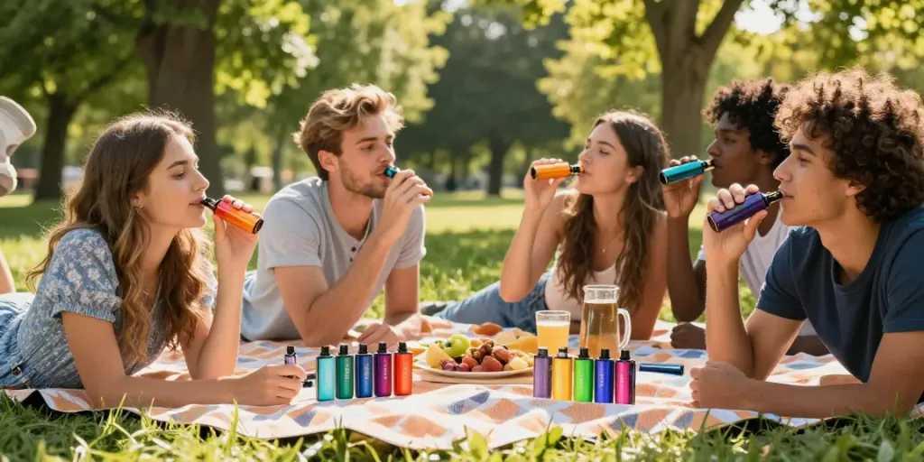 Group enjoying Hitz infinity Gen 7 disposable vapes in a sunny park.