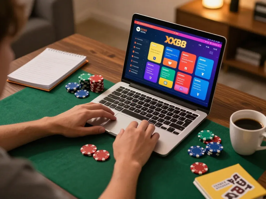 Engaging player enjoying poker gameplay on XX88 platform, showcasing chips and strategy notes.
