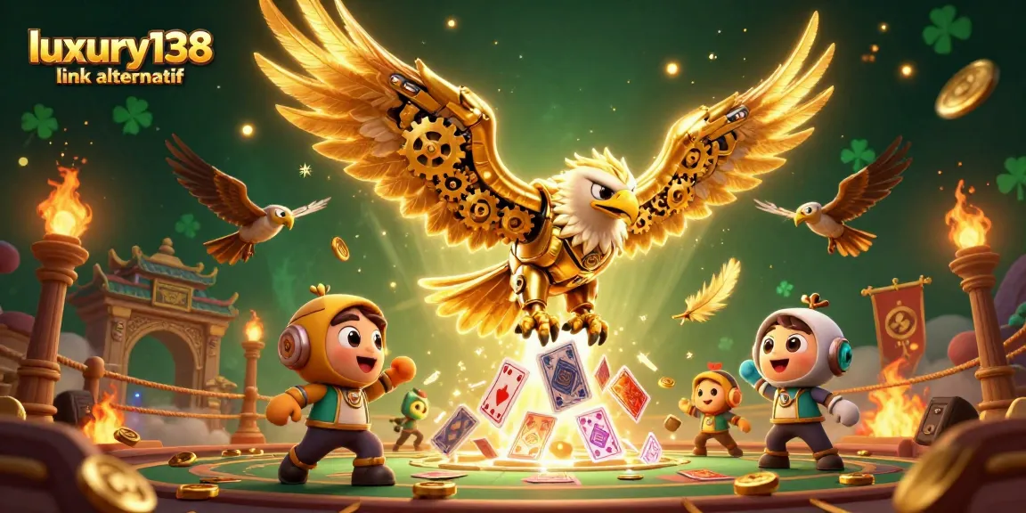 Experience luxury138 link alternatif with an immersive 3D casino scene featuring golden eagles and holographic cards.