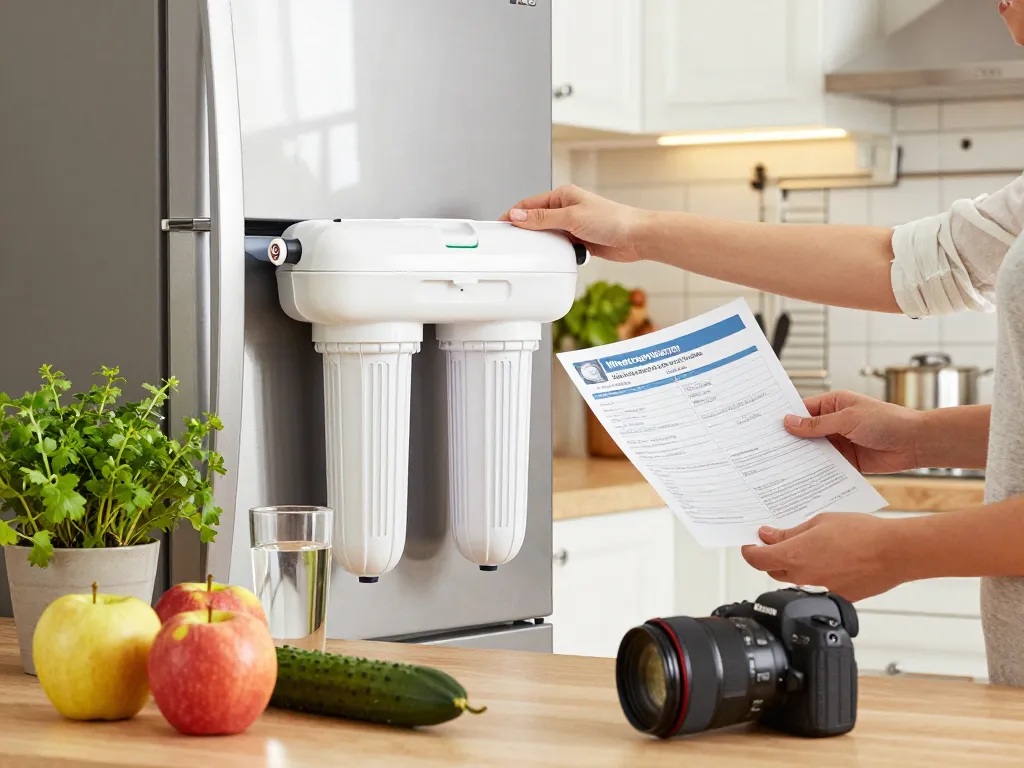 Person inserting Waterdrop ADQ73613401 Refrigerator Water Filter into LG fridge, highlighting clean drinking water benefits in a modern kitchen.