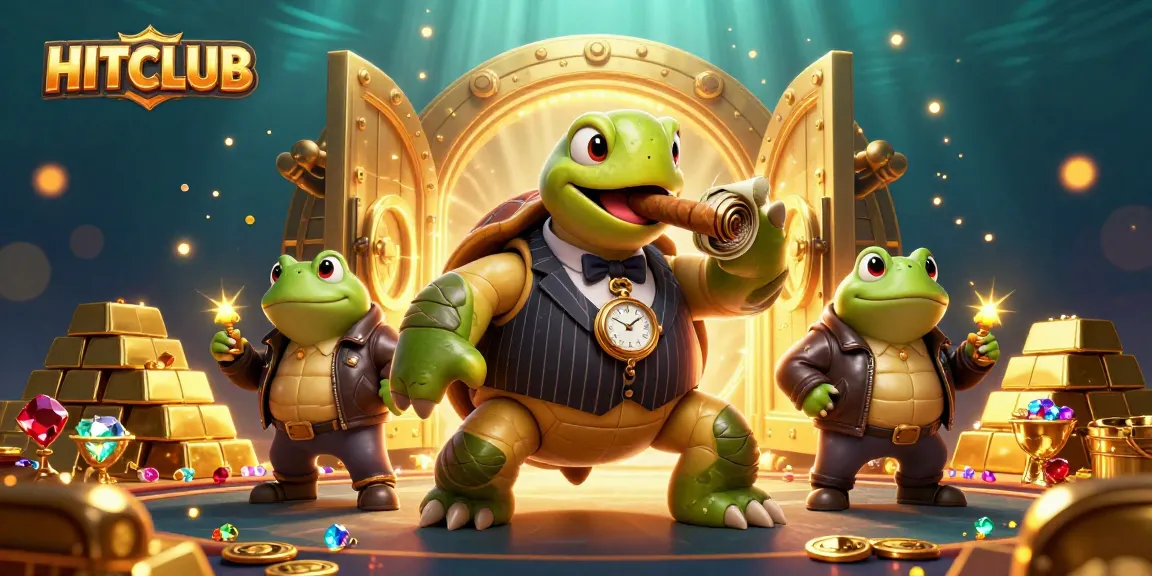 Experience the thrilling world of HITCLUB with a giant snapping turtle mobster and bullfrog enforcers amidst golden treasures.