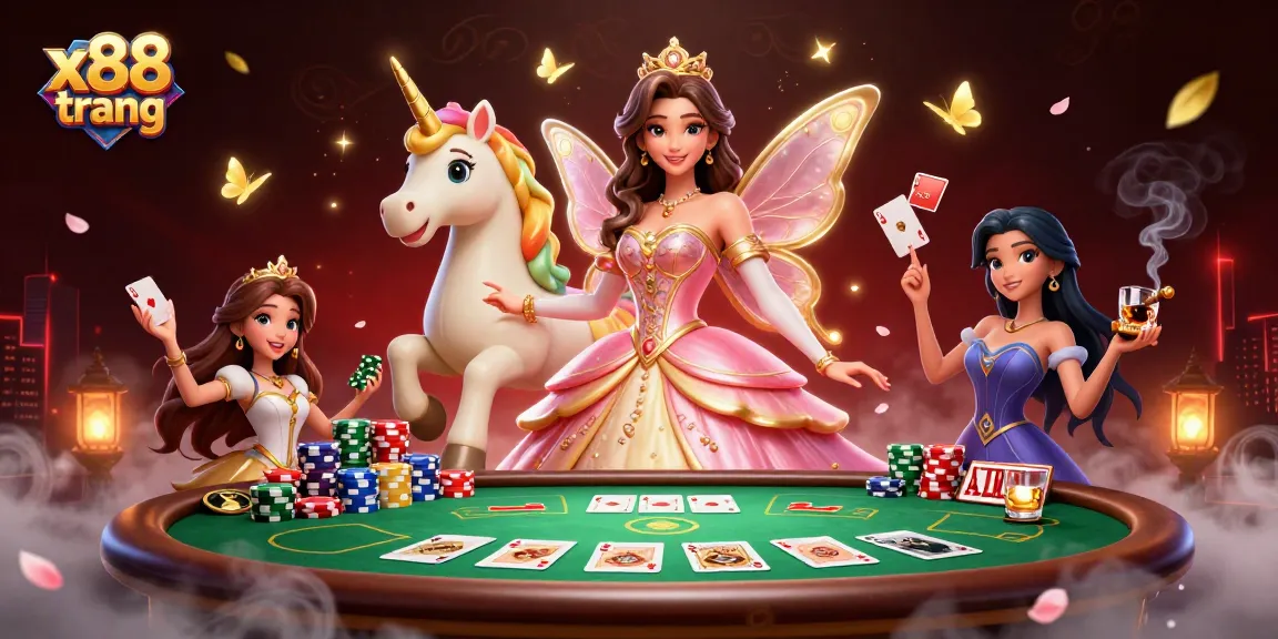 Join the excitement at x88 trang with a glamorous Asian woman and golden unicorn amid vibrant casino games.