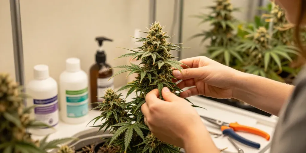 Feminisierten Cannabissamen kaufen und zuhause anbauen mit liebevollen Pflegearbeiten in einem gemütlichen Anbauumfeld.