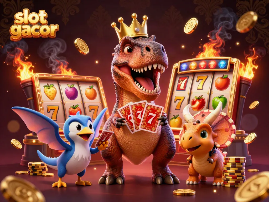 Animation of slot gacor, showcasing colorful 3D characters and dynamic slot symbols in a lively casino scene.