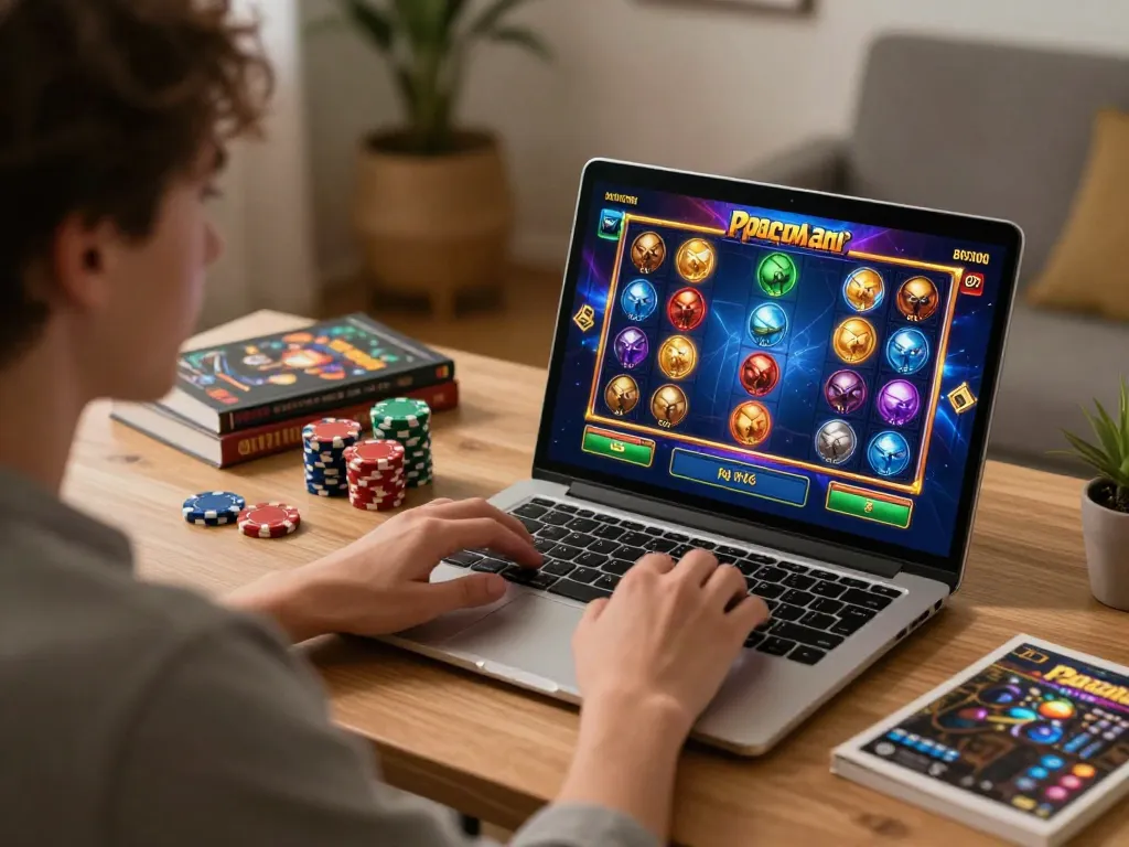 Player enjoying the spaceman slot game on a laptop while managing chips and strategies.