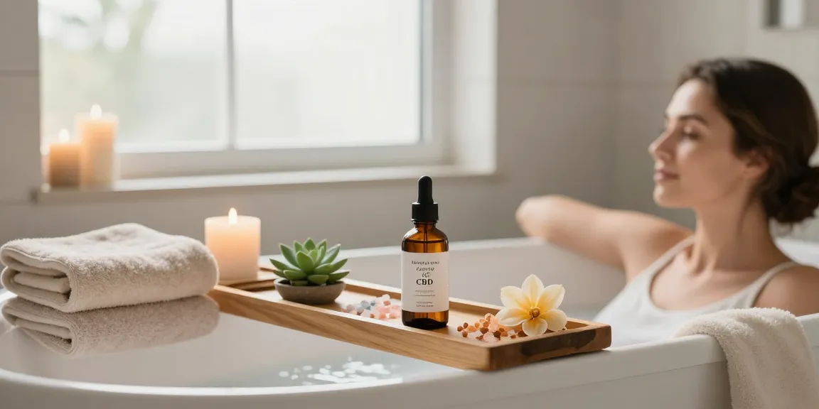 MinistryOfCannabis CBD oil alongside soothing bath products, emphasizing natural wellness and self-care in a serene bathroom.