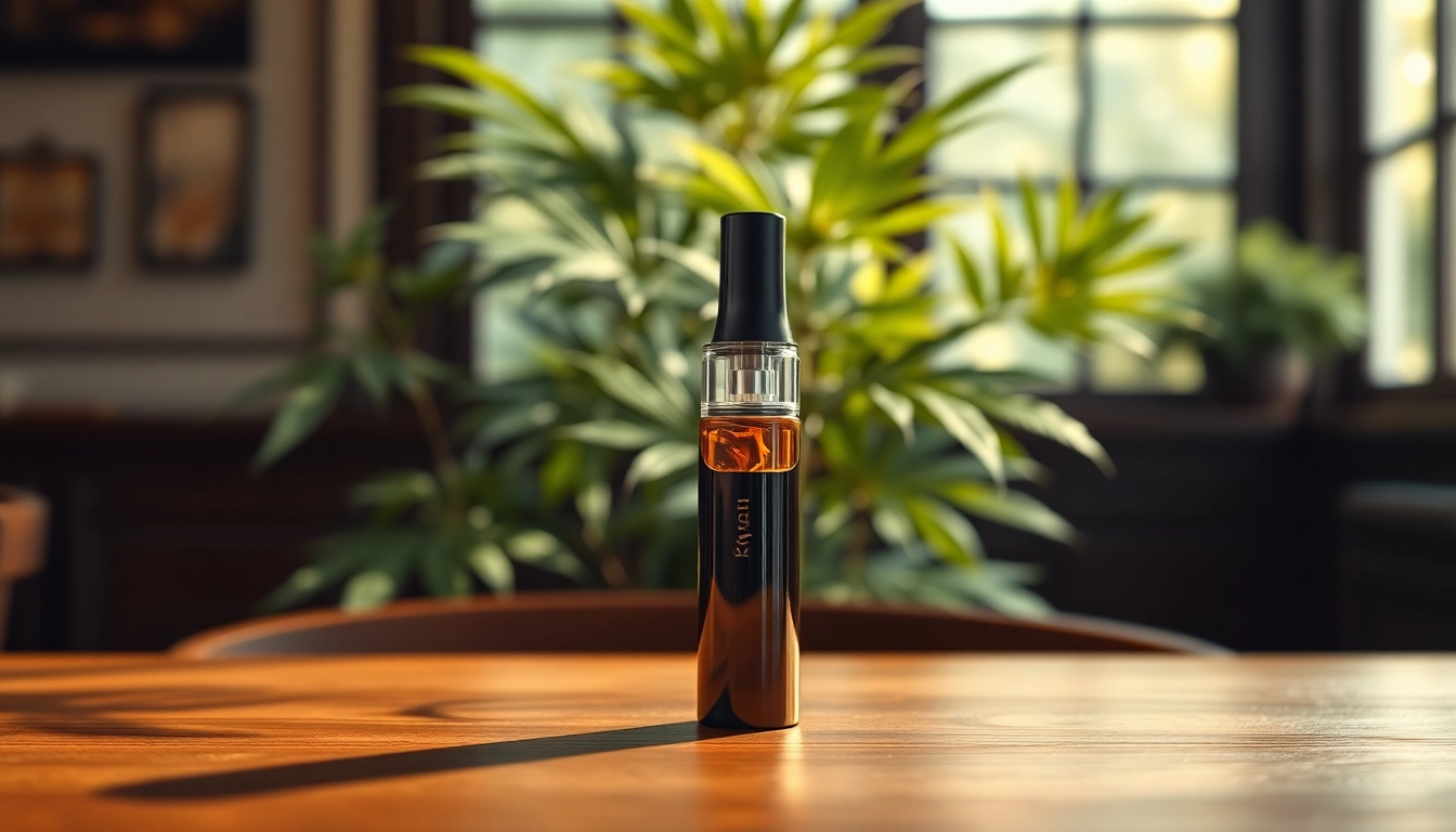 Showcasing a kurvana cartridge with vibrant oil and elegant design in a serene setting.