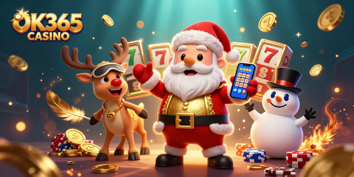 Engage with thrilling slot games at OK365 CASINO, featuring Santa and friends in a dynamic 3D illustration.