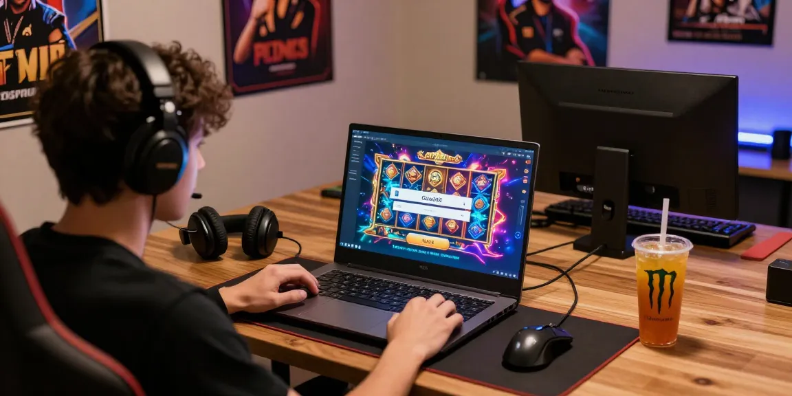 Engaging in Garuda303 login on a laptop with colorful gaming visuals and gaming accessories.