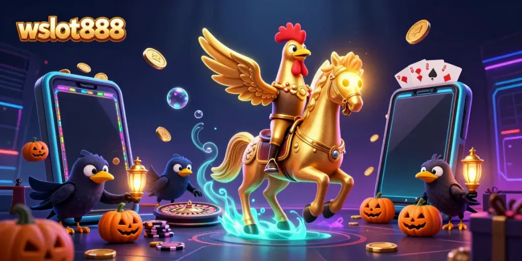 Wslot888 dalam ilustrasi kasino malam dengan karakter unik, koin emas, dan elemen permainan.
