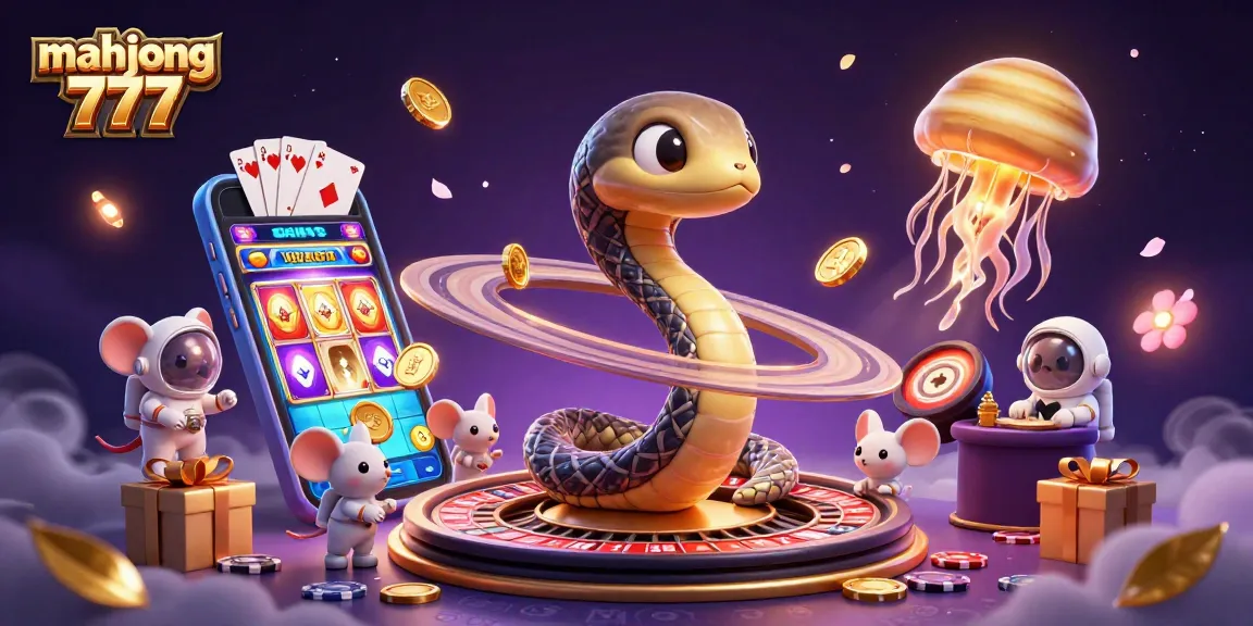 Experience mahjong 777 in an exciting cosmic casino scene with vibrant slot games and golden coins.