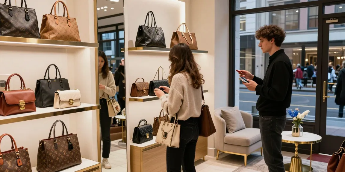 Shopping experience at a high-quality 레플리카 사이트 showcasing trendy designer bags, personalized service in a stylish boutique.