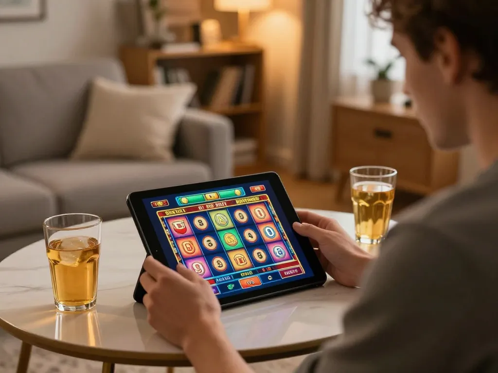 Player enjoying a thrilling slot game on 92slot in a cozy home environment, showcasing responsible gaming.