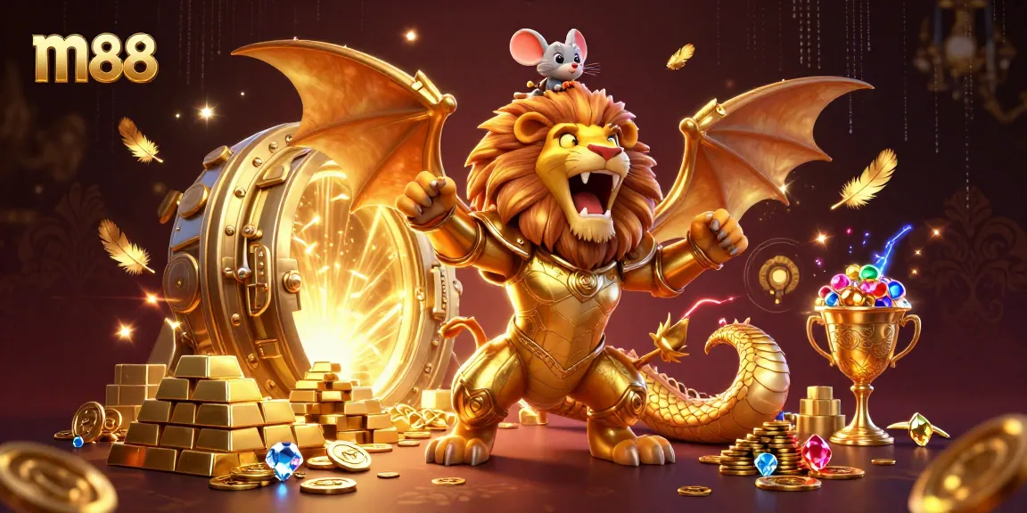 Experience the thrill of m88 with a golden chimera and treasure amidst vibrant casino elements.
