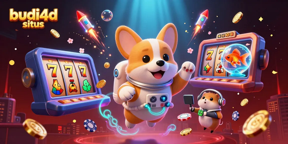 Budi4d situs showcases a vibrant 3D casino scene with an astronaut corgi and winning elements like slot reels.