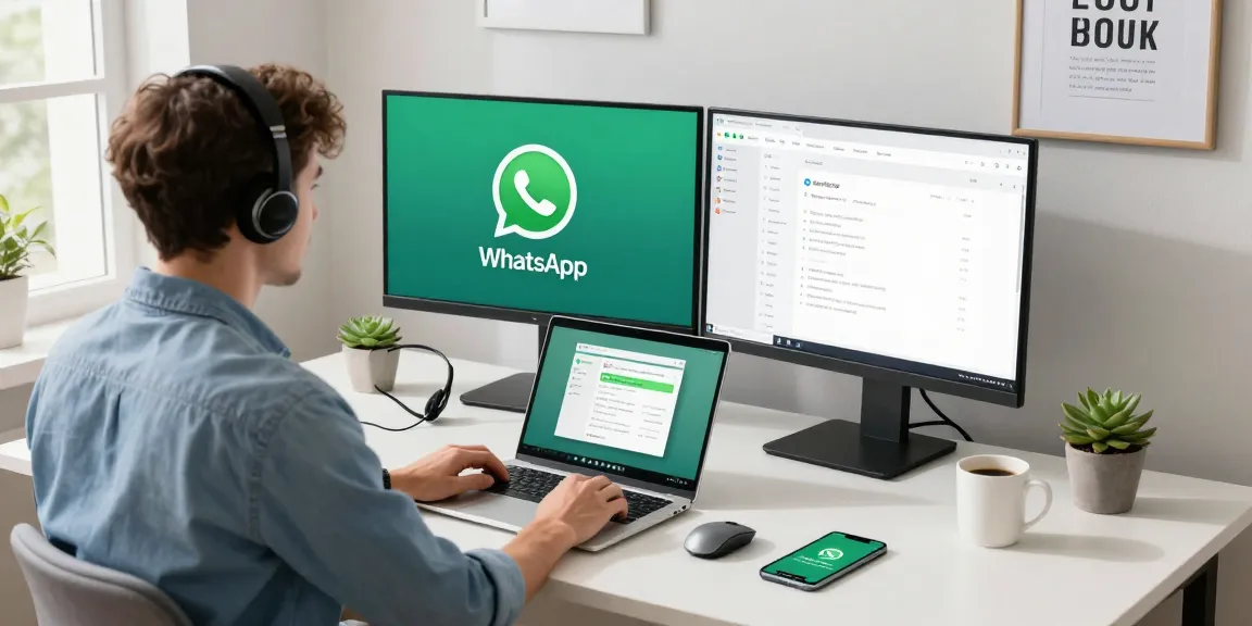 Using WhatsApp電腦版 on a modern home office setup with a laptop and dual-monitor screen.
