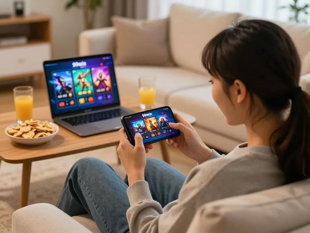 Player engaging with the 99win online casino app on smartphone, cozy home atmosphere.