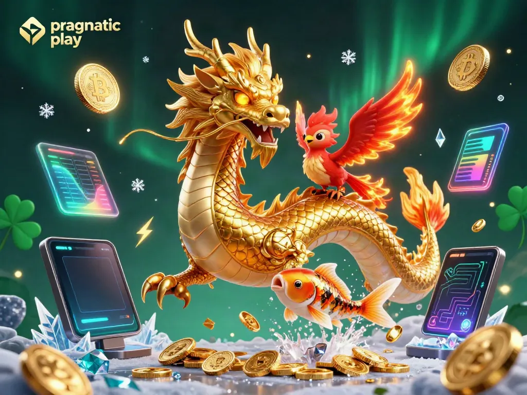 Permainan slot Pragmatic Play dengan naga emas, phoenix, dan ikan koi berlepotan koin.