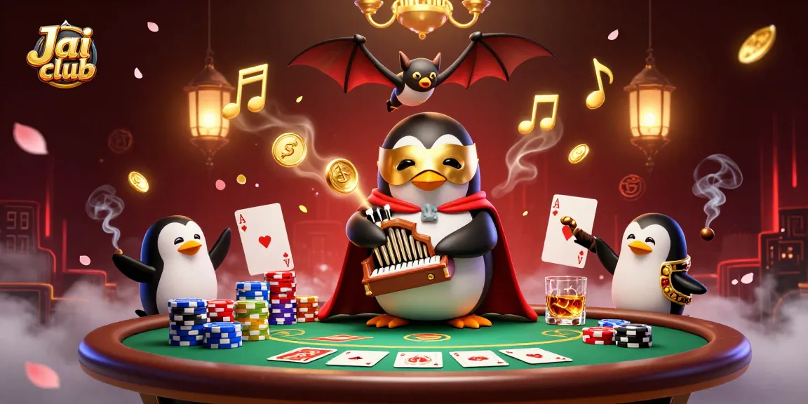 Experience the thrill of Jai club with a 3D penguin playing golden coins amidst a vibrant casino scene.