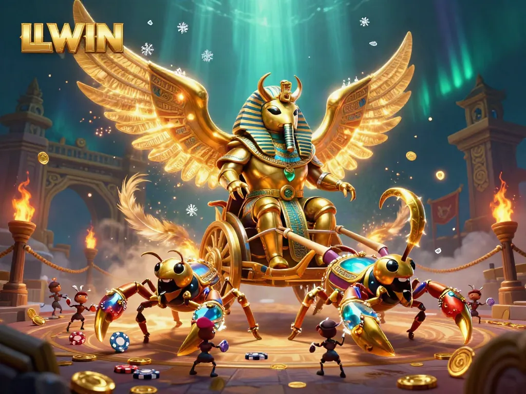 Experience thrilling gaming at LLWIN with cartoon beetles and scorpions amidst an action-packed casino scene.